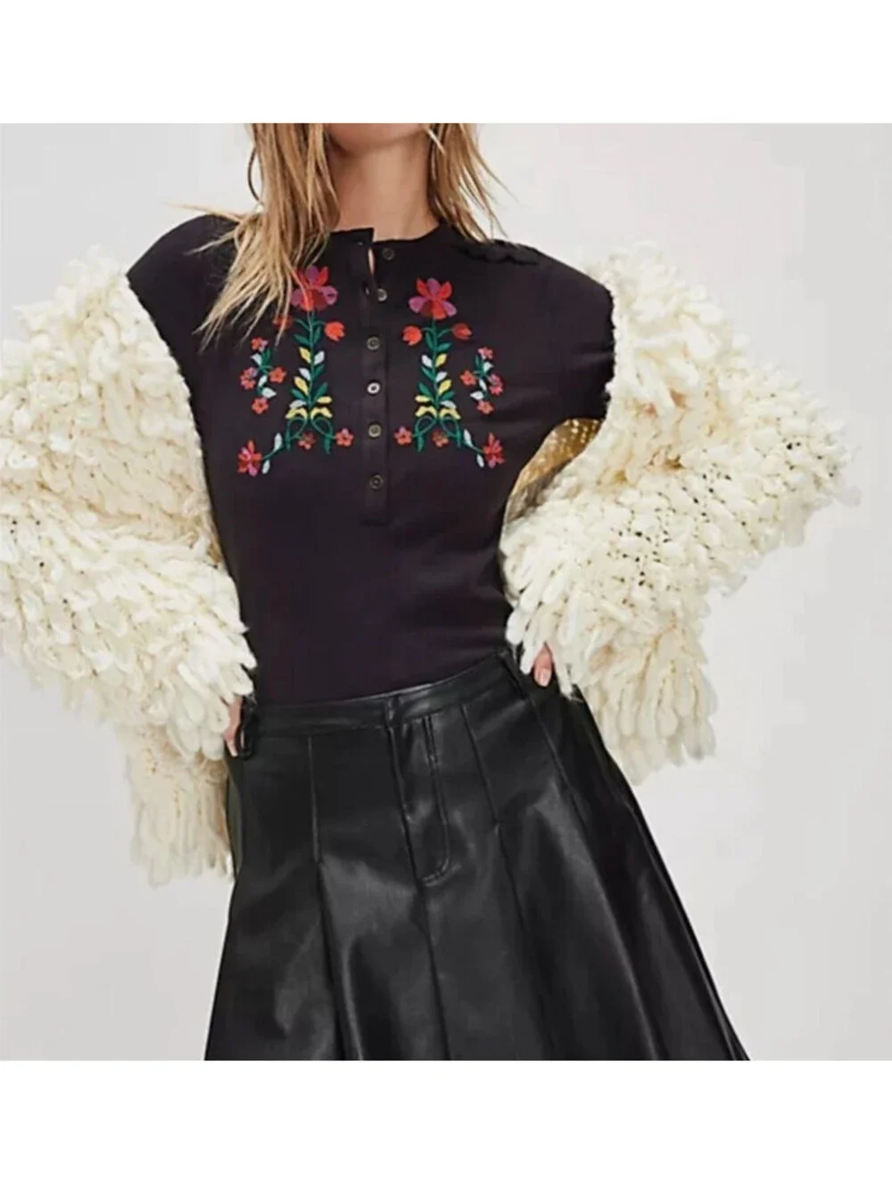 Free People Fleur Embroidered Henley Cuff Top Black Size XS NWT